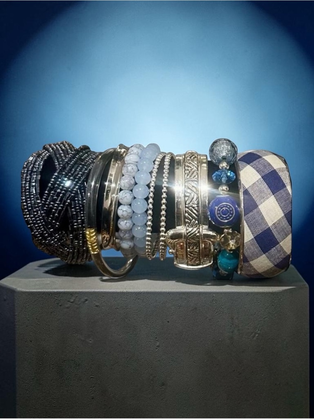 Mixed Blue and Silver Women's Bracelet Stack
